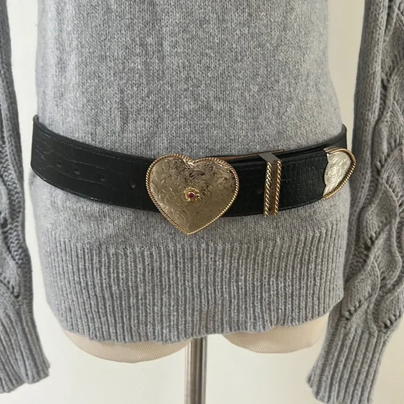 al beres  Engraved Heart Buckle Black Moc Croc Leather Belt   M/37” al beres | Accessories | Al Beres Engraved Heart Buckle  main image 2